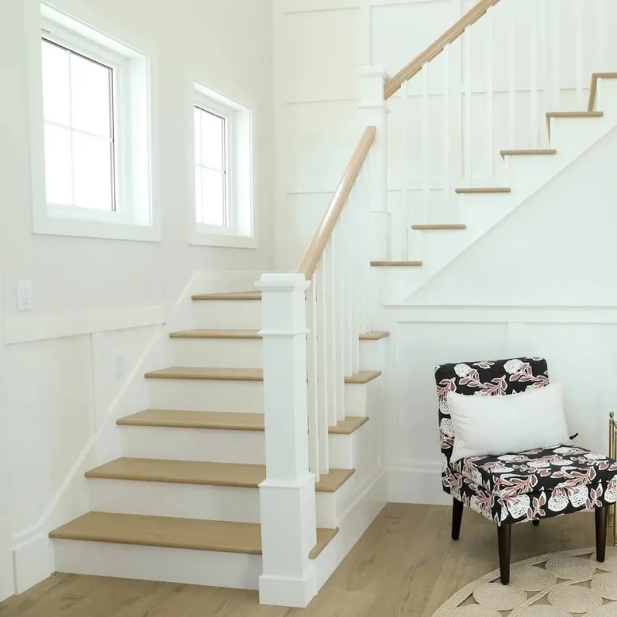 Newly remodeled staircase with hardwood treads.